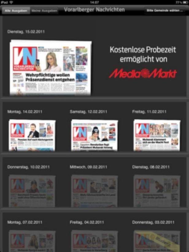 Vorarlberger Nachrichten - iPad-Version Ein iPad zeigt die Titelseiten der „Vorarlberger Nachrichten“ verschiedener Tage.