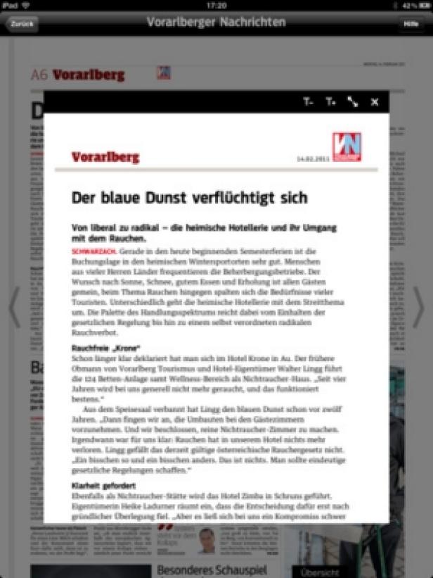 Vorarlberger Nachrichten - iPad-Version Ein Zeitungsartikel der Vorarlberger Nachrichten über Rauchverbote in Hotels.