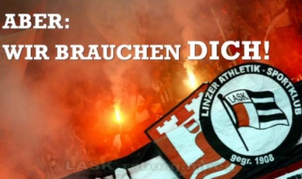 LASK-Spot - Infoscreen Ein LASK-Logo vor rotem Rauch und dem Slogan „Aber: Wir brauchen dich!“.
