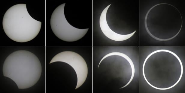 Eine Reihe von Bildern, die die verschiedenen Phasen einer Sonnenfinsternis zeigen.