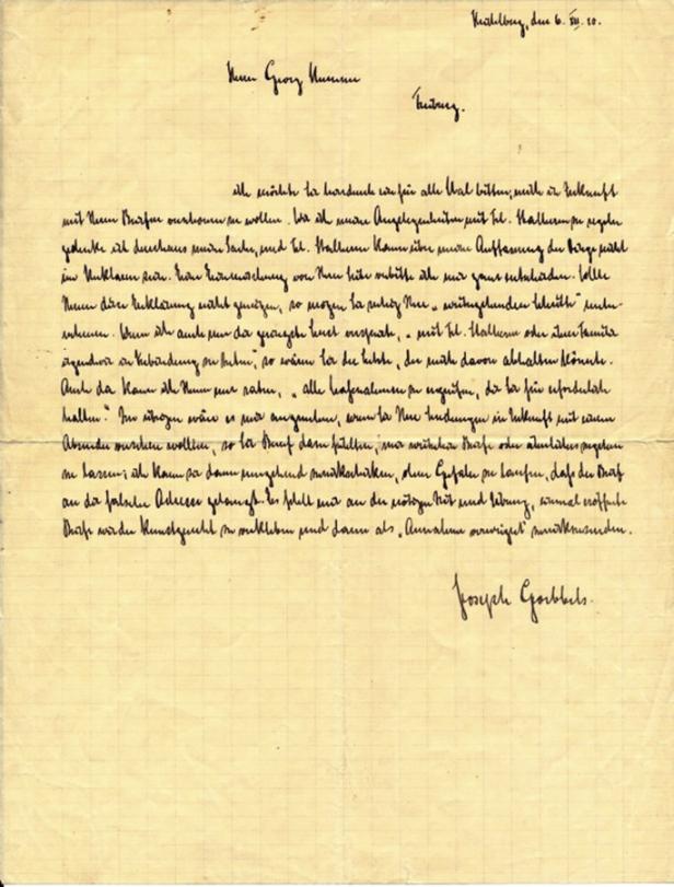Ein Brief von Joseph Goebbels an Georg Neumann, datiert vom 6. Mai 1910.