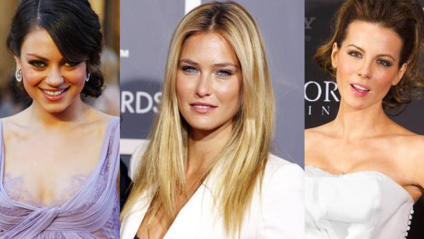 Ein Triptychon mit den Porträts von Mila Kunis, Bar Refaeli und Kate Beckinsale.