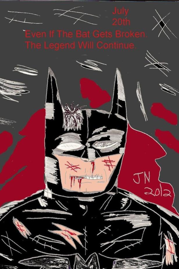 Eine gezeichnete Darstellung eines verletzten Batman mit dem Text: „Even If The Bat Gets Broken. The Legend Will Continue.“.