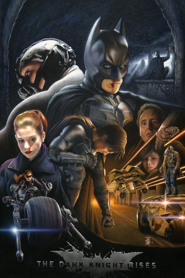 Ein Filmposter für „The Dark Knight Rises“ mit Batman, Bane und anderen Charakteren.
