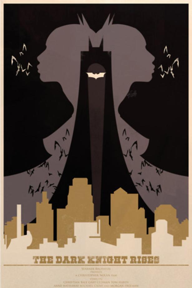 Ein minimalistisches Filmposter für „The Dark Knight Rises“ mit Batman- und Catwoman-Silhouette über Gotham.