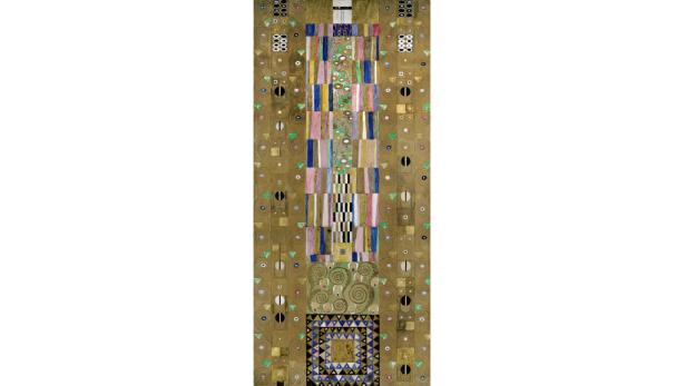 Das Werk „Erwartung“ von Gustav Klimt zeigt ein hochformatiges, goldenes Mosaik mit geometrischen Mustern.