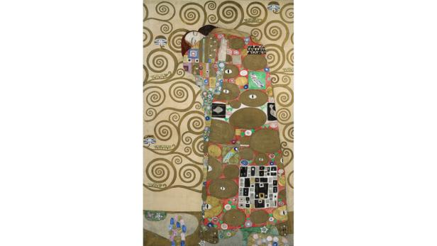 Gustav Klimts Gemälde „Der Kuss“ zeigt ein Paar, das sich innig umarmt.