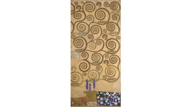 Gustav Klimts „Lebensbaum“ zeigt einen stilisierten Baum mit spiralförmigen Ästen und bunten Blumen.