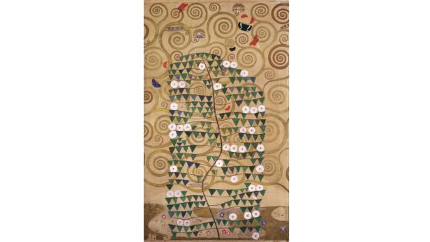 Das Gemälde „Der Lebensbaum“ von Gustav Klimt zeigt einen stilisierten Baum mit Spiralen und Ornamenten.