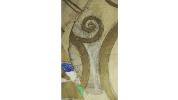 Detail einer Zeichnung mit einer Spirale und farbigen Akzenten.