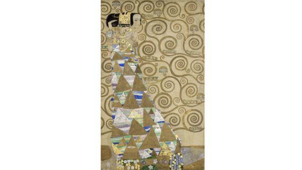 Gustav Klimts Gemälde „Erwartung“, Teil des Stoclet-Fries, zeigt eine stilisierte Frauengestalt vor einem spiralförmigen Hintergrund.