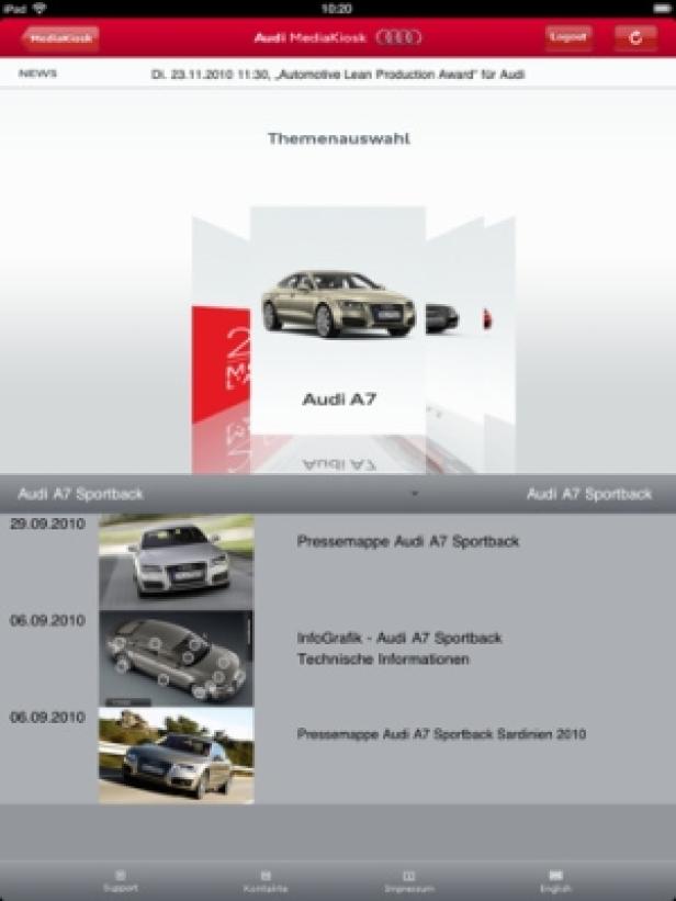 Audi MediaKiosk/iPad-App/ComSat Media Screenshot der Audi MediaKiosk-App mit dem Audi A7 als Hauptthema.