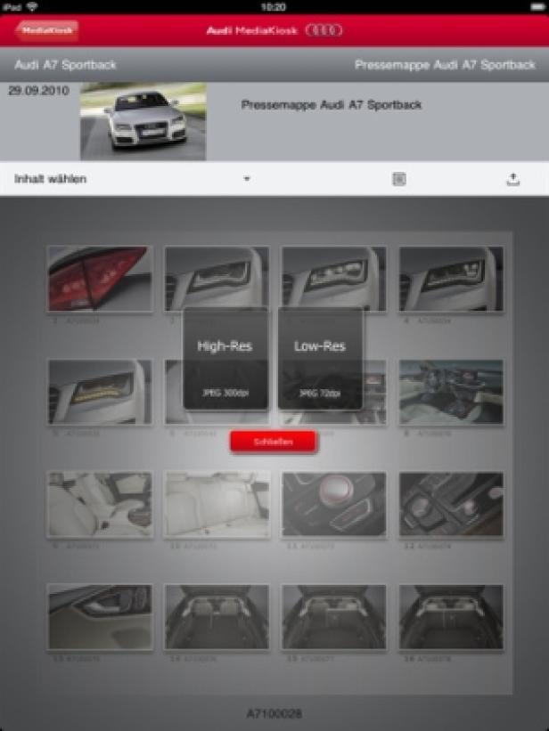 Audi MediaKiosk/iPad-App/ComSat Media Ein iPad-Bildschirm zeigt die Audi MediaKiosk-App mit Bildern des Audi A7 Sportback.