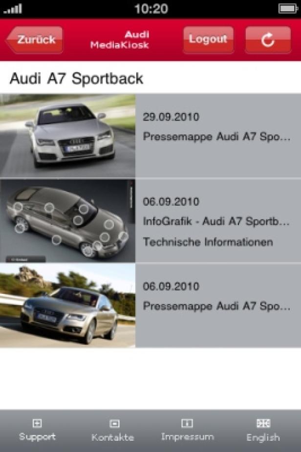 Audi MediaKiosk/iPhone App/ComSat Media Ein Screenshot der Audi MediaKiosk App mit Informationen zum Audi A7 Sportback.