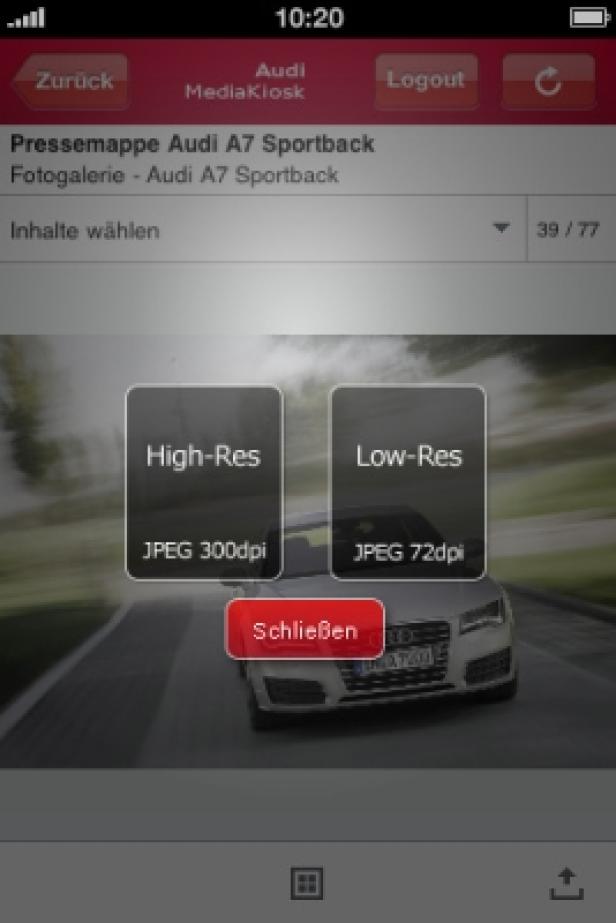 Audi MediaKiosk/iPhone App/ComSat Media Ein Audi A7 Sportback wird in einem Menü zur Auswahl der Bildauflösung angezeigt.