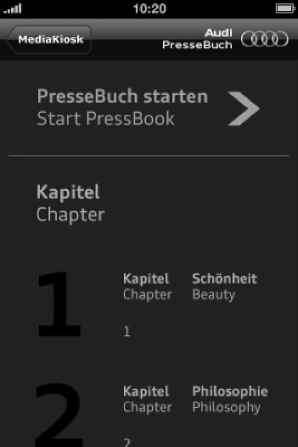 Audi MediaKiosk/iPhone App/ComSat Media Ein Screenshot der Audi MediaKiosk App mit der Option „PresseBuch starten“.