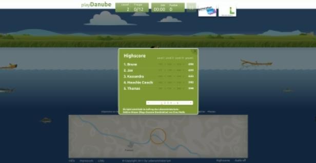 playDanube/Lebensministerium/Serious Game/Ovos Ein Screenshot des Spiels „playDanube“ mit der Highscore-Liste im Vordergrund.
