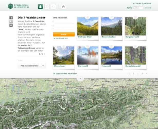 Waldwunder.at/Österreichische Bundesforste/Ovos Screenshot der Website „Die 7 Waldwunder“ mit einer Auswahl von Waldfotos und einer Karte Österreichs.