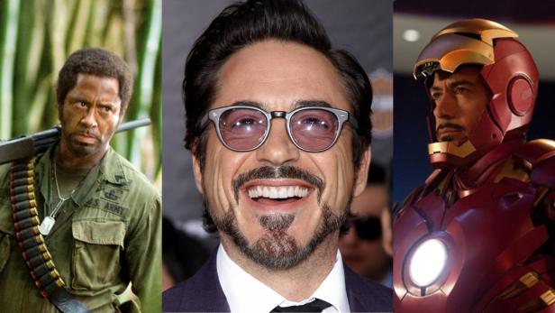 Ein Triptychon von Robert Downey Jr. in seinen Rollen als Soldat, er selbst und Iron Man.