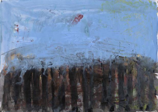 Ein abstraktes Gemälde zeigt eine dunkle Baumreihe unter einem hellblauen Himmel.