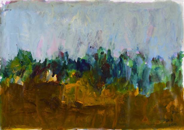 Abstrakte Malerei einer Landschaft mit Bäumen und Feldern.