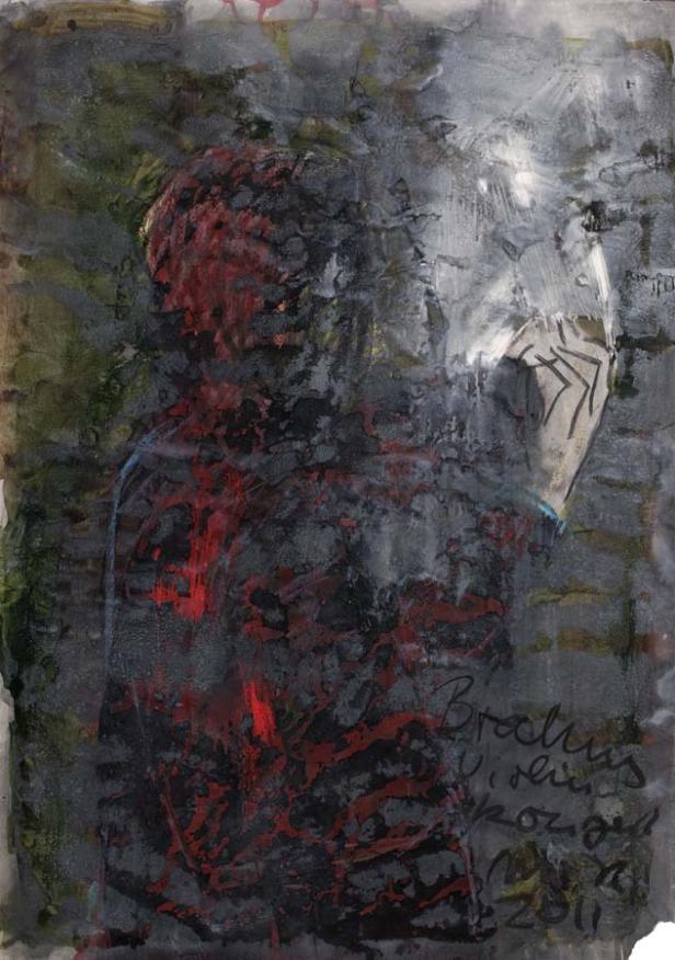 Ein abstraktes Gemälde, das eine verschwommene Figur mit einer Maske andeutet.