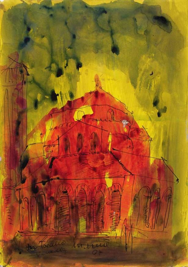 Eine rote Kirche mit einem Turm auf gelbem Hintergrund, gezeichnet im Skizzenstil.