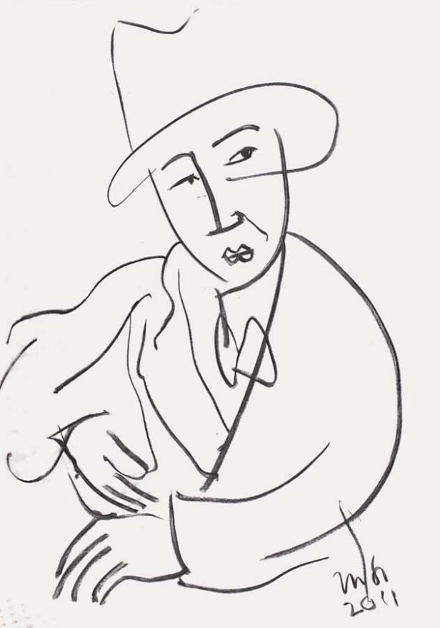 Eine Strichzeichnung eines Mannes mit Hut und Anzug.