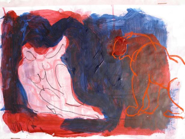 Eine abstrakte Darstellung einer liegenden Frau und eines Tieres in Rot-, Blau- und Rosatönen.