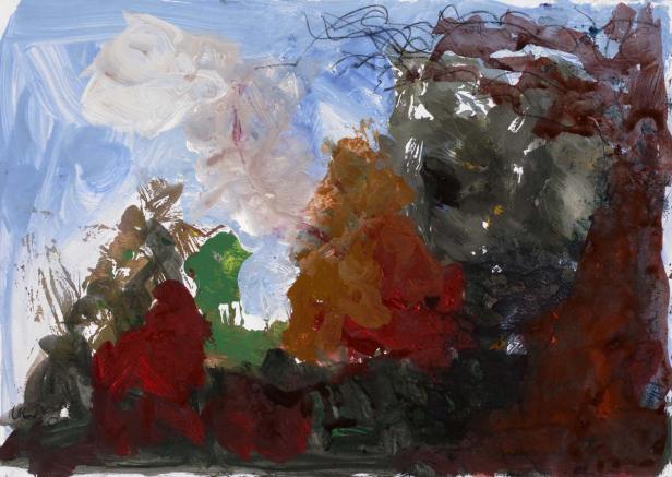 Ein abstraktes Gemälde einer Landschaft mit Bäumen und blauem Himmel.