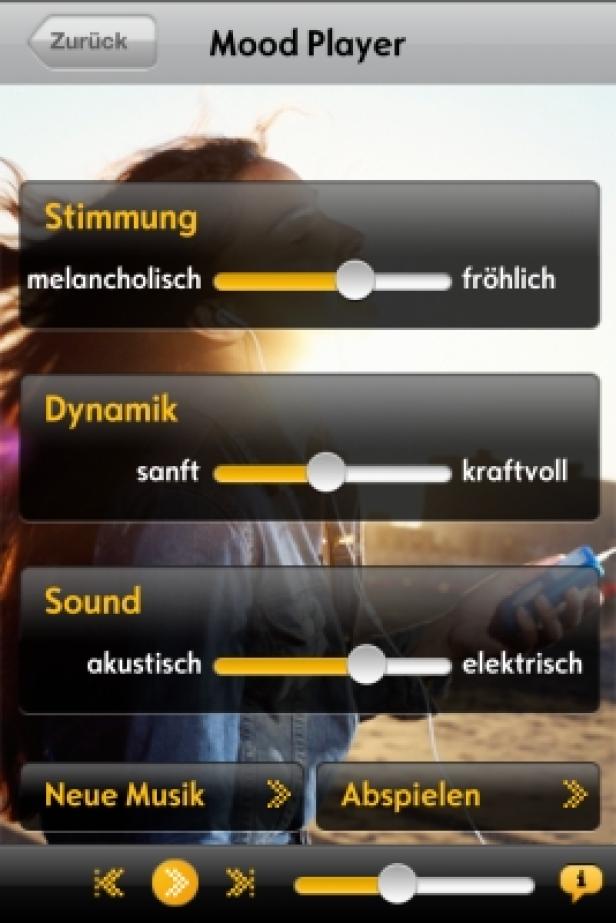 Opel FlexApp/Yoc Ein Screenshot der „Mood Player“-App mit Einstellungsreglern für Stimmung, Dynamik und Sound.