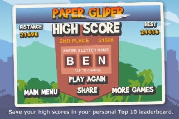 Paper Glider/App/iTunes - 10milliardste App Ein Highscore-Bildschirm des Spiels „Paper Glider“ zeigt den Namen BEN auf dem zweiten Platz.