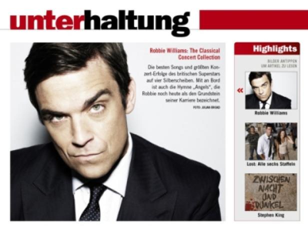 Weekend Magazin/iPad-Version Ein Porträt von Robbie Williams in einem dunklen Anzug mit Krawatte.