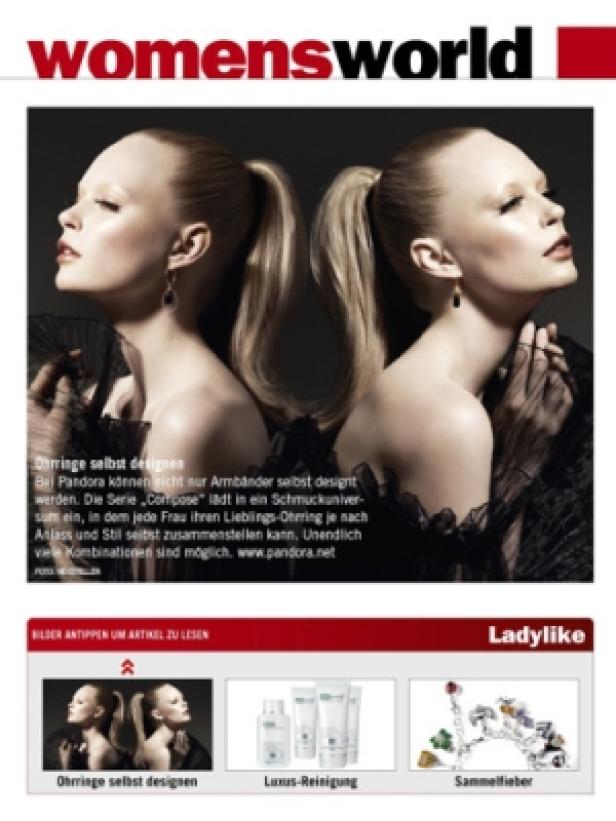 Weekend Magazin/iPad-Version Zwei Frauen mit Pferdeschwänzen präsentieren Ohrringe der Marke Pandora.