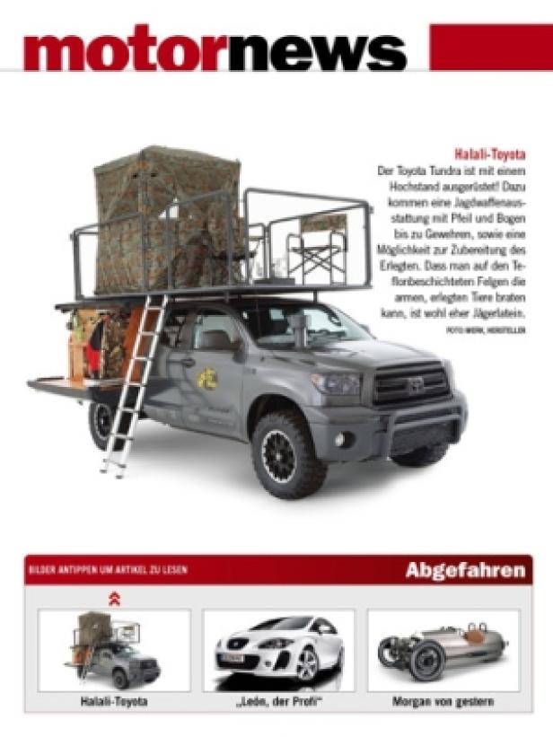 Weekend Magazin/iPad-Version Ein Toyota Tundra mit einem montierten Hochstand und Jagdausrüstung.