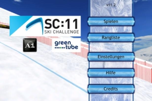 Das Menü des Spiels „SC:11 Ski Challenge“ mit den Optionen Spielen, Rangliste, Einstellungen, Hilfe und Credits.