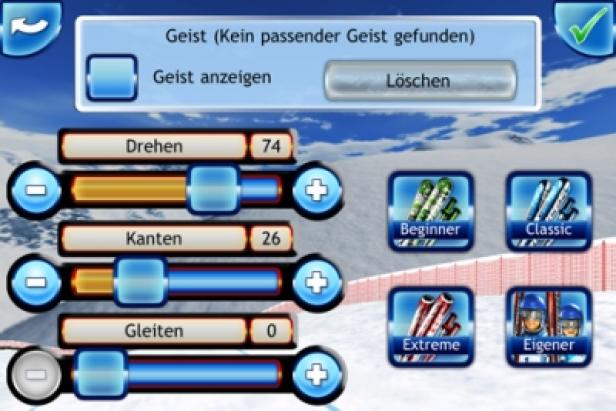 Ein Bildschirm mit Einstellungen für ein Skispiel, einschließlich Dreh-, Kanten- und Gleitoptionen.