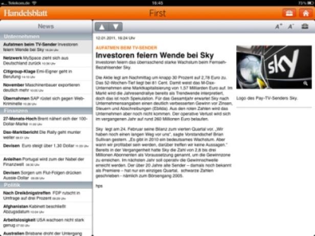 Ein Screenshot der Handelsblatt-Website auf einem Tablet, mit einem Artikel über Sky.