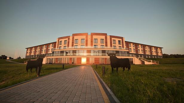 Ein großes Gebäude mit zwei Stier-Statuen im Vordergrund.