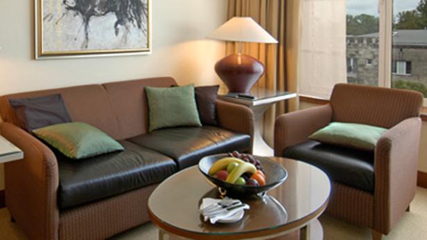 Ein Wohnzimmer mit braunem Sofa, Sessel und einem Tisch mit Obstschale.