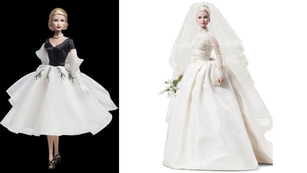 Zwei Grace Kelly-Puppen, eine in einem Cocktailkleid und eine in ihrem Hochzeitskleid.