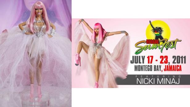 Ein Foto zeigt eine Nicki Minaj Barbie-Puppe und eine Ankündigung für das Reggae Sumfest 2011 mit Nicki Minaj.