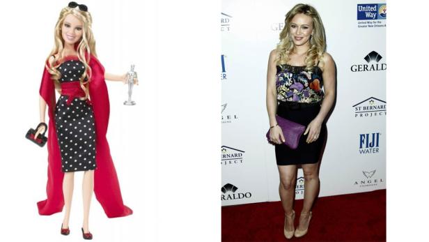 Links eine Barbiepuppe im Abendkleid, rechts Hilary Duff auf dem roten Teppich.