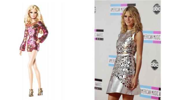 Links eine Barbiepuppe im Paillettenkleid, rechts Heidi Klum auf dem roten Teppich.