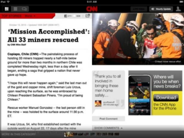 Ein Screenshot eines CNN-Artikels über die Rettung der 33 chilenischen Bergleute.