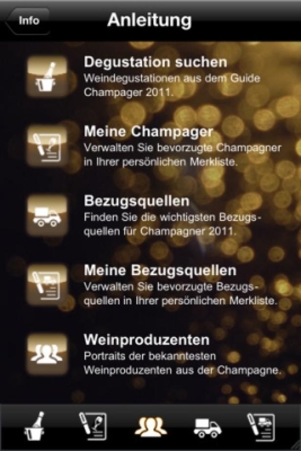 Ein Screenshot der „Anleitung“-Seite einer Champagner-App.