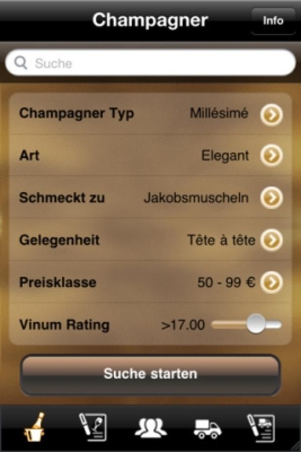 Ein Screenshot einer Champagner-App mit Suchfunktion und Filtern wie Champagner-Typ und Preisklasse.