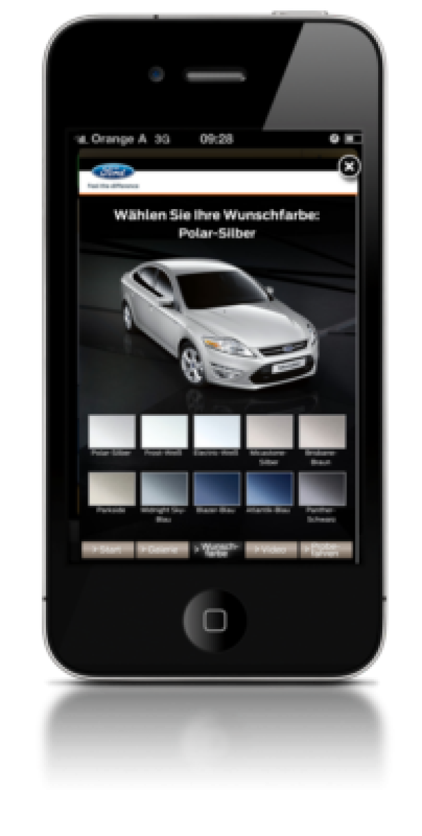 Ford-Kampagne/Wunderman/Mindshare/Yoc/Ad Plus Ein iPhone zeigt eine Ford-App zur Konfiguration der Wagenfarbe.