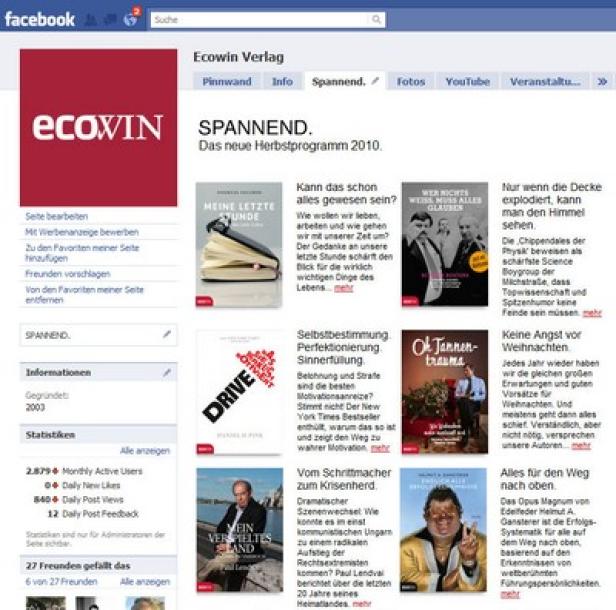 Screenshot einer Facebook-Seite des Ecowin Verlags mit Buchcovern und Informationen.