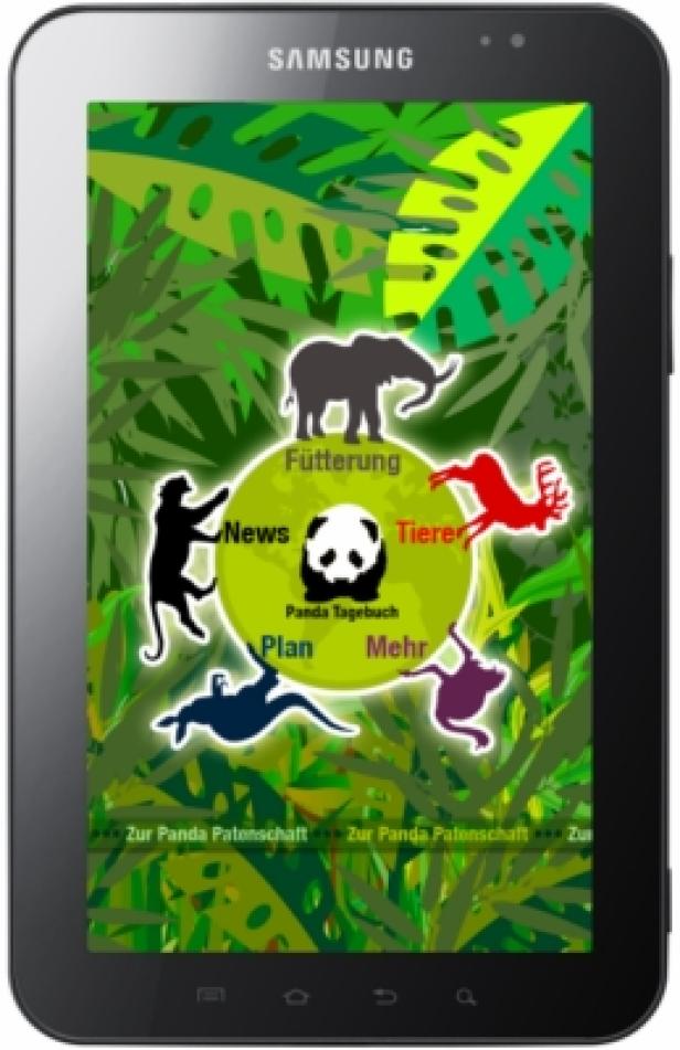 Ein Tablet zeigt eine App mit Tiermenüpunkten wie Fütterung und Panda-Tagebuch.